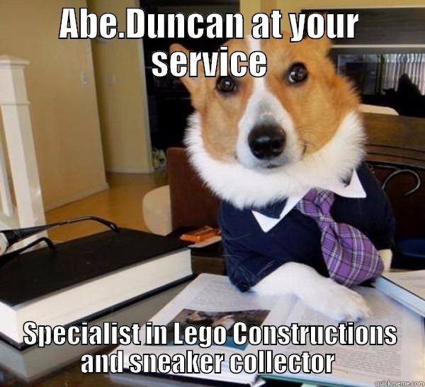 ABE.DUNCAN AT YOUR SERVICE SPECIALIST IN LEGO CONSTRUCTIONS AND SNEAKER COLLECTOR  Lawyer Dog