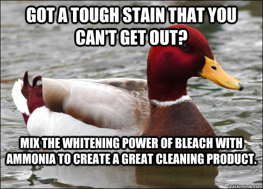Got a tough stain that you can't get out? Mix the whitening power of bleach with ammonia to create a great cleaning product.  Malicious Advice Mallard