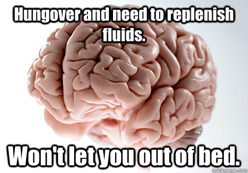 Hungover and need to replenish fluids. Won't let you out of bed.   Scumbag Brain
