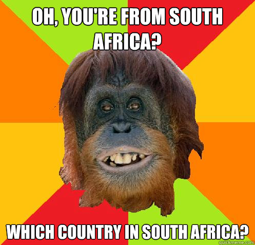 oh, you're from South Africa? Which country in South Africa? - oh, you're from South Africa? Which country in South Africa?  Culturally Oblivious Orangutan