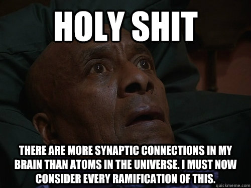 Holy Shit there are more synaptic connections in my brain than atoms in the universe. i must now consider every ramification of this. - Holy Shit there are more synaptic connections in my brain than atoms in the universe. i must now consider every ramification of this.  Bedtime Realizations