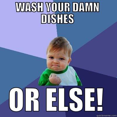WASH YOUR DISHES  - WASH YOUR DAMN DISHES OR ELSE! Success Kid