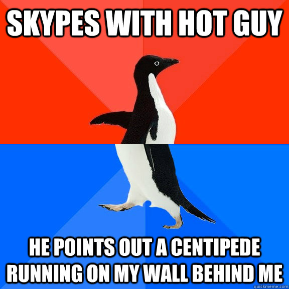 skypes with hot guy he points out a centipede running on my wall behind me  Socially Awesome Awkward Penguin