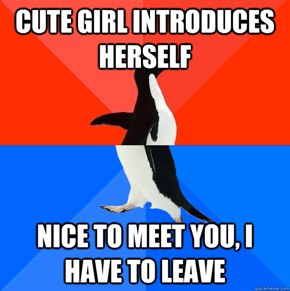 cute girl introduces herself Nice to meet you, I have to leave  Socially Awesome Awkward Penguin