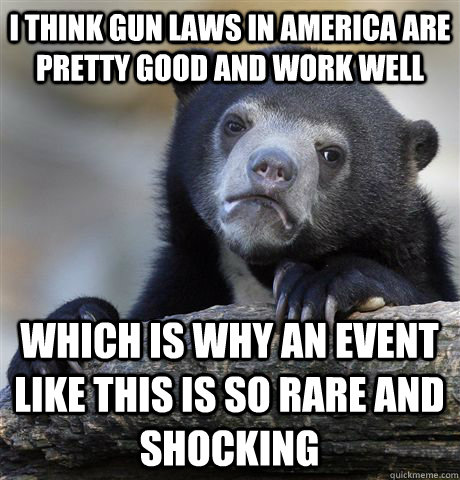 I think gun laws in America are pretty good and work well which is why an event like this is so rare and shocking - I think gun laws in America are pretty good and work well which is why an event like this is so rare and shocking  Confession Bear