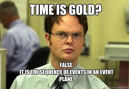 TIME IS GOLD? FALSE.  
IT IS THE SEQUENCE OF EVENTS IN AN EVENT PLANE.  Schrute