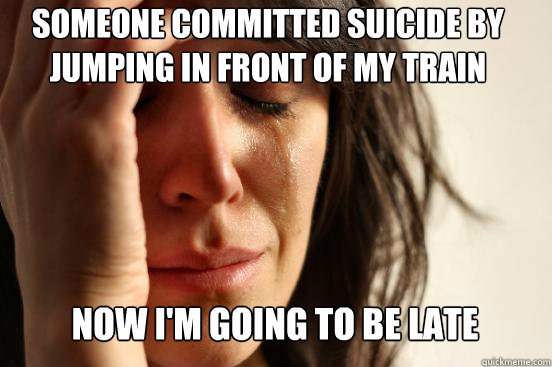 SOMEONE COMMITTED SUICIDE BY JUMPING IN FRONT OF MY TRAIN NOW I'M GOING TO BE LATE Caption 3 goes here  First World Problems