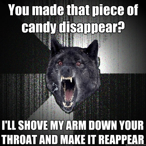 You made that piece of candy disappear? I'LL SHOVE MY ARM DOWN YOUR THROAT AND MAKE IT REAPPEAR  Insanity Wolf