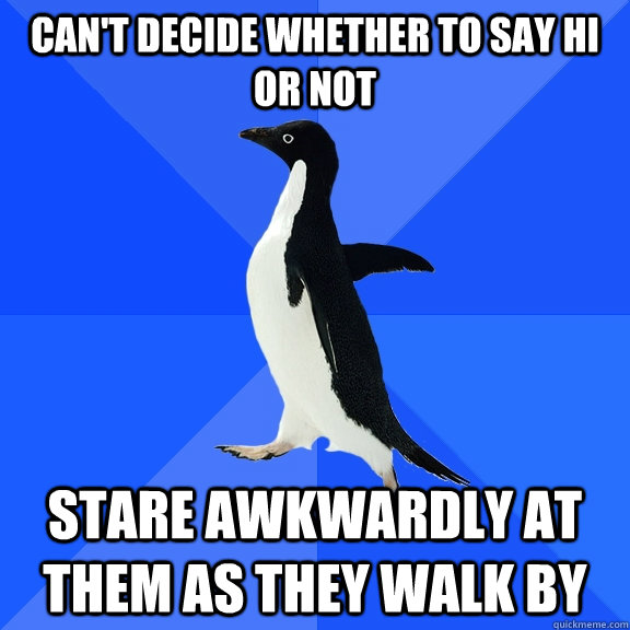 can't decide whether to say hi or not stare awkwardly at them as they walk by  Socially Awkward Penguin