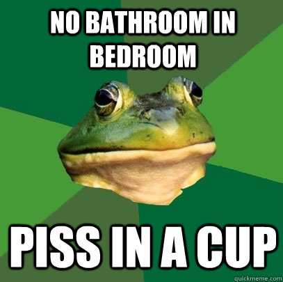 no bathroom in bedroom piss in a cup  Foul Bachelor Frog