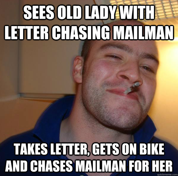 sees old lady with letter chasing mailman Takes Letter, Gets on bike and chases mailman for her - sees old lady with letter chasing mailman Takes Letter, Gets on bike and chases mailman for her  Misc