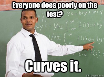 Everyone does poorly on the test? Curves it.   Good Guy Teacher
