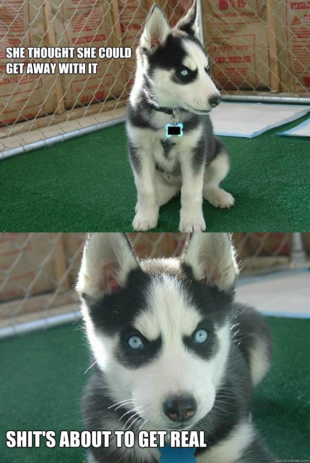 She thought she could
get away with it 


Shit's about to get real  Insanity puppy