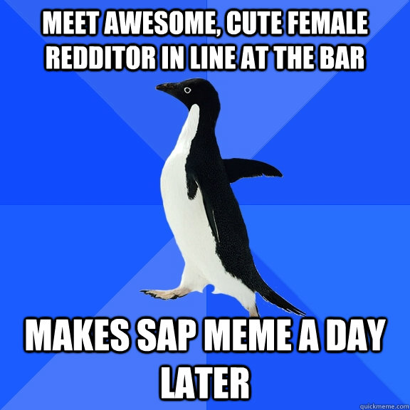 Meet awesome, cute female redditor in line at the bar Makes sap meme a day later   Socially Awkward Penguin