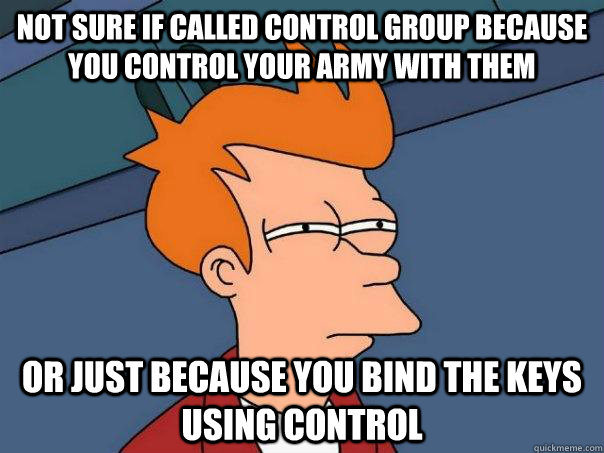 not sure if called control group because you control your army with them or just because you bind the keys using control - not sure if called control group because you control your army with them or just because you bind the keys using control  Futurama Fry