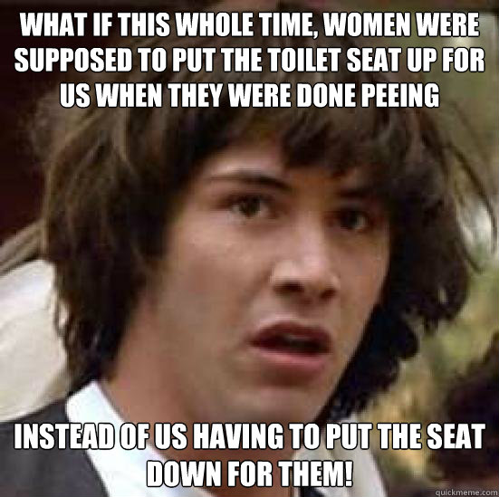 What if this whole time, Women were supposed to put the toilet seat up for US when they were done peeing  Instead of us having to put the seat down for them!  keeanu reeves