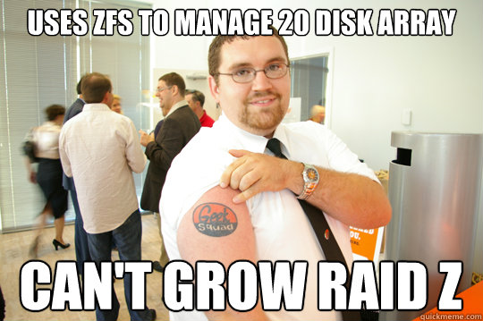 Uses ZFS to manage 20 disk array Can't grow RAID Z  GeekSquad Gus
