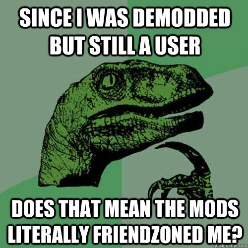 Since I was demodded but still a user does that mean the mods literally friendzoned me?  Philosoraptor