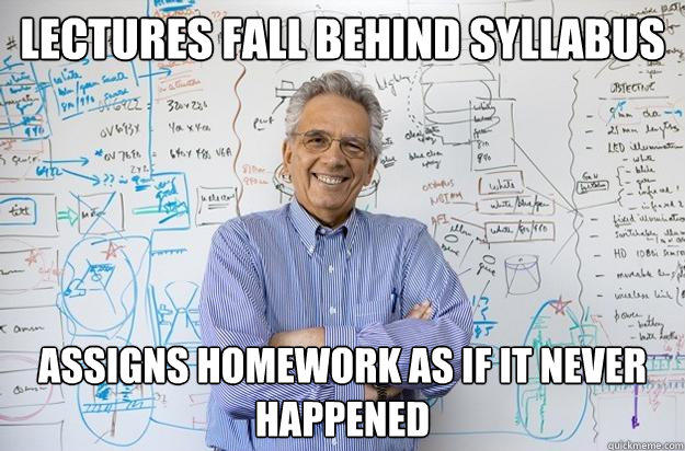 lectures fall behind syllabus assigns homework as if it never happened  Engineering Professor