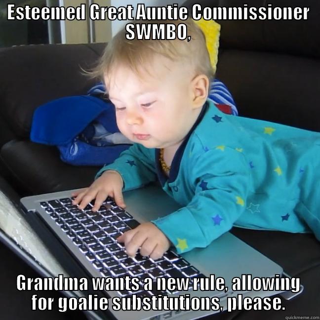 ESTEEMED GREAT AUNTIE COMMISSIONER SWMBO, GRANDMA WANTS A NEW RULE, ALLOWING FOR GOALIE SUBSTITUTIONS, PLEASE. Misc
