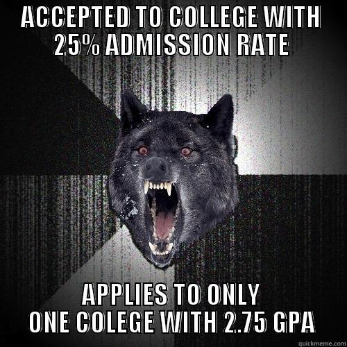 ACCEPTED TO COLLEGE WITH 25% ADMISSION RATE APPLIES TO ONLY ONE COLEGE WITH 2.75 GPA Insanity Wolf