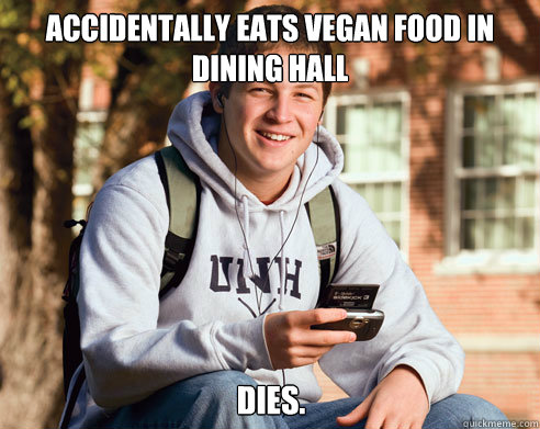 Accidentally eats vegan food in dining hall dies.  College Freshman