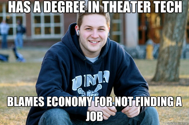 has a degree in theater tech blames economy for not finding a job   Mature College Senior