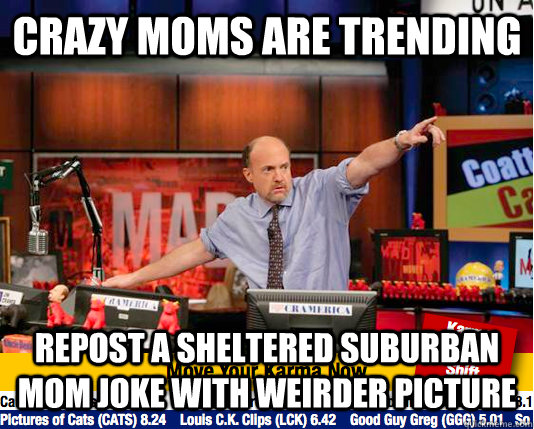 Crazy moms are trending Repost a sheltered suburban mom joke with weirder picture  move your karma now