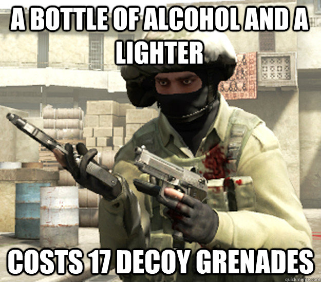 a Bottle of alcohol and a lighter costs 17 decoy grenades  