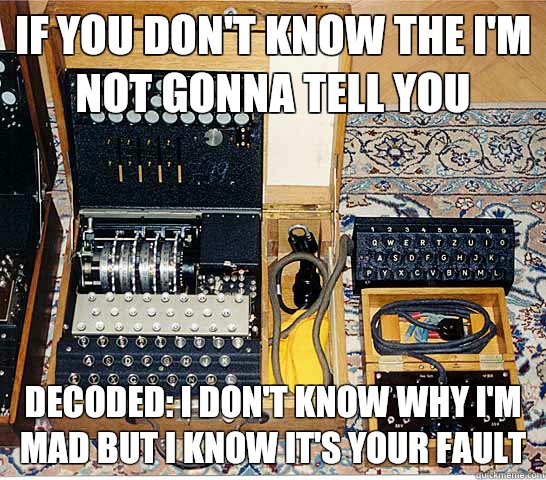 If you don't know the I'm not gonna tell you Decoded: I don't know why I'm mad but I know it's your fault  - If you don't know the I'm not gonna tell you Decoded: I don't know why I'm mad but I know it's your fault   Enigmatic Enigma