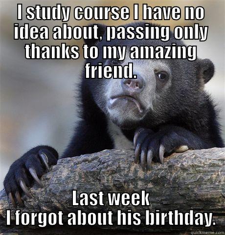 I STUDY COURSE I HAVE NO IDEA ABOUT, PASSING ONLY THANKS TO MY AMAZING FRIEND. LAST WEEK I FORGOT ABOUT HIS BIRTHDAY. Confession Bear