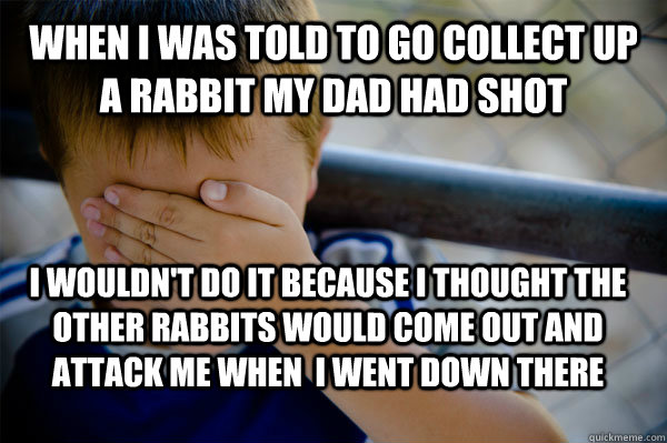 When I was told to go collect up a rabbit my dad had shot I wouldn't do it because I thought the other rabbits would come out and attack me when  i went down there  Confession kid