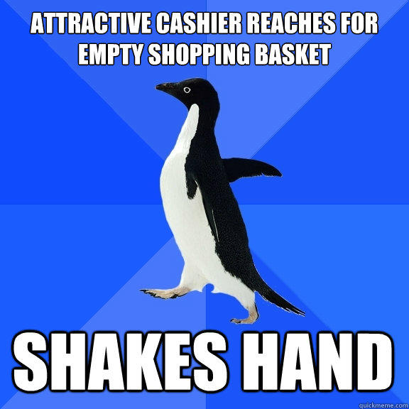 Attractive cashier reaches for empty shopping basket shakes hand  