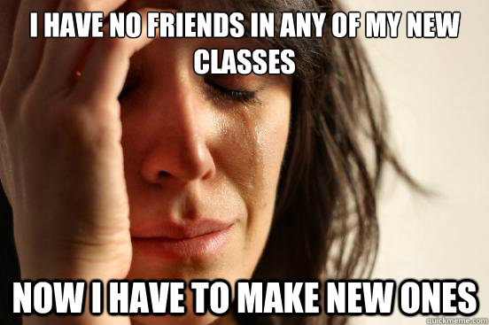 I have no friends in any of my new classes Now I have to make new ones  First World Problems
