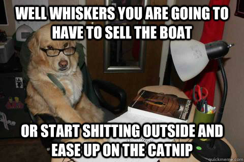 well whiskers you are going to have to sell the boat or start shitting outside and ease up on the catnip   Financial Advice Dog