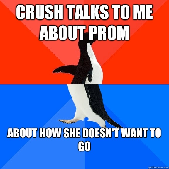 Crush talks to me about prom About how she doesn't want to go
  Socially Awesome Awkward Penguin
