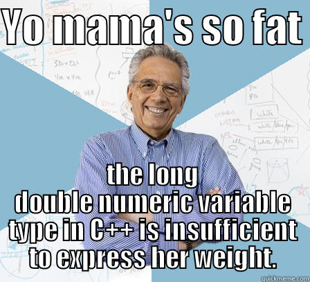 YO MAMA'S SO FAT  THE LONG DOUBLE NUMERIC VARIABLE TYPE IN C++ IS INSUFFICIENT TO EXPRESS HER WEIGHT. Engineering Professor