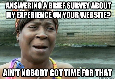 answering a brief survey about my experience on your website? Ain't Nobody Got Time for that  aintnobody