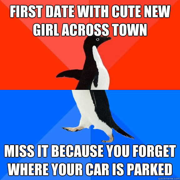 First date with cute new girl across town Miss it because you forget where your car is parked  Socially Awesome Awkward Penguin