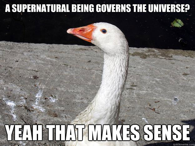 A supernatural being governs the universe? Yeah that makes sense  