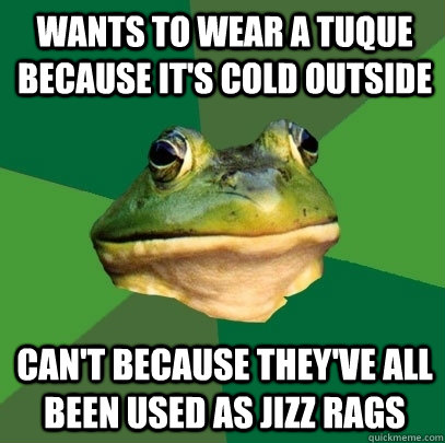 Wants to wear a tuque Because it's cold outside Can't because they've all been used as jizz rags  Foul Bachelor Frog