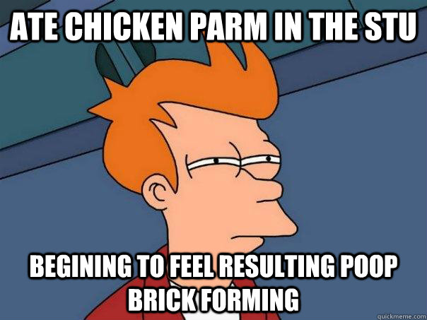 ate chicken parm in the stu begining to feel resulting poop brick forming  Futurama Fry
