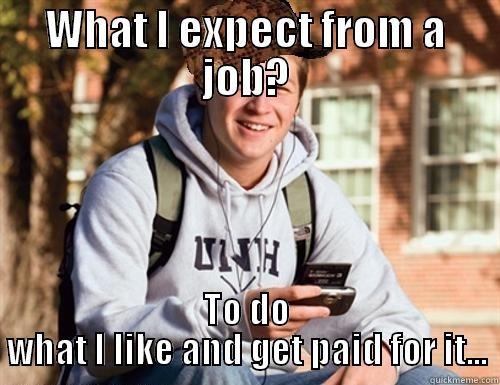 WHAT I EXPECT FROM A JOB? TO DO WHAT I LIKE AND GET PAID FOR IT... College Freshman