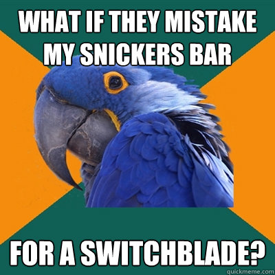 What if they mistake my snickers bar for a switchblade? - What if they mistake my snickers bar for a switchblade?  Paranoid Parrot