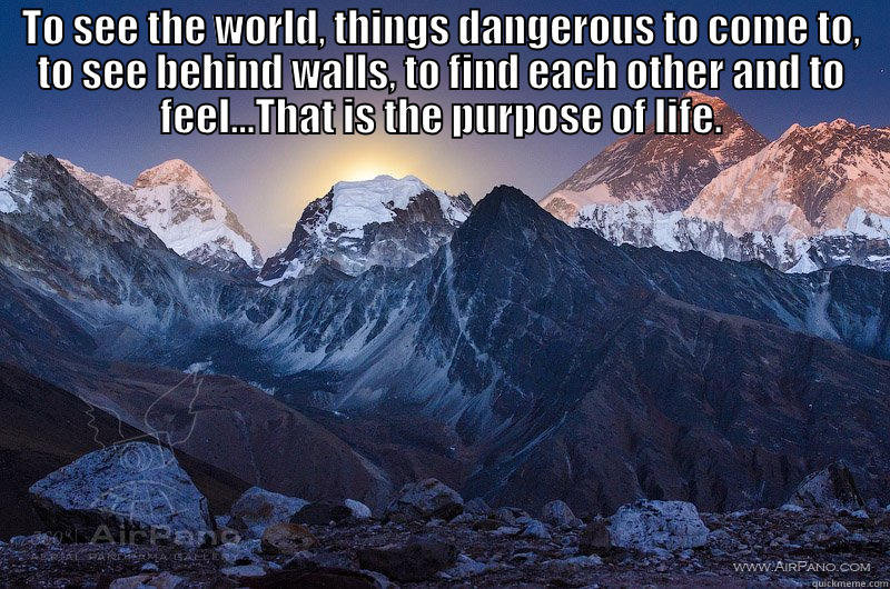 TO SEE THE WORLD, THINGS DANGEROUS TO COME TO, TO SEE BEHIND WALLS, TO FIND EACH OTHER AND TO FEEL...THAT IS THE PURPOSE OF LIFE.  Misc