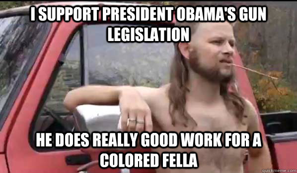 I Support president obama's gun legislation He does really good work for a colored fella  Almost Politically Correct Redneck