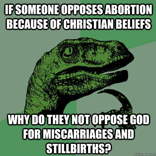 If someone opposes abortion because of Christian beliefs Why do they not oppose god for miscarriages and stillbirths? - If someone opposes abortion because of Christian beliefs Why do they not oppose god for miscarriages and stillbirths?  Philosoraptor