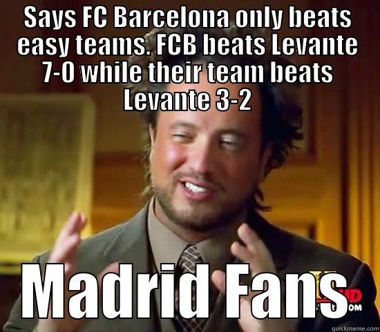 SAYS FC BARCELONA ONLY BEATS EASY TEAMS. FCB BEATS LEVANTE 7-0 WHILE THEIR TEAM BEATS LEVANTE 3-2 MADRID FANS Ancient Aliens