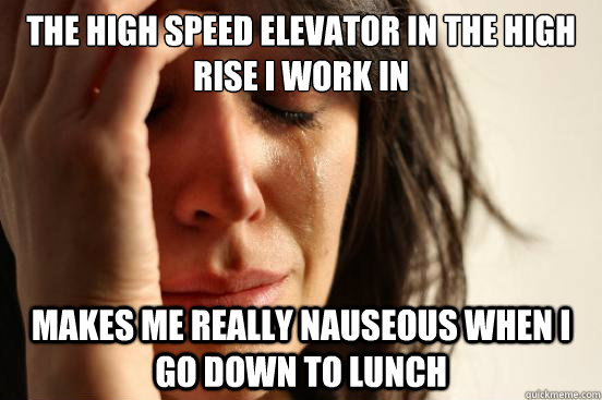 The high speed elevator in the high rise I work in makes me really nauseous when I go down to lunch  First World Problems