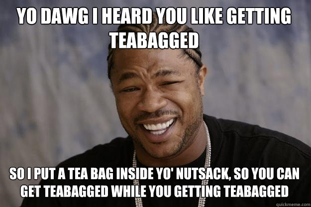Yo dawg I heard you like getting teabagged So I put a tea bag inside yo' nutsack, so you can get teabagged while you getting teabagged  Xzibit meme
